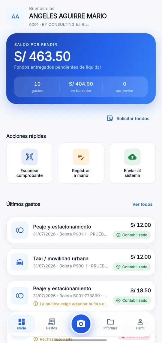Pantalla de inicio de Rinde Nexa con el saldo por rendir
