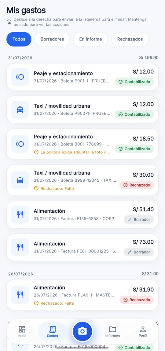 Lista de gastos de Rinde Nexa, con su estado y el total por dia