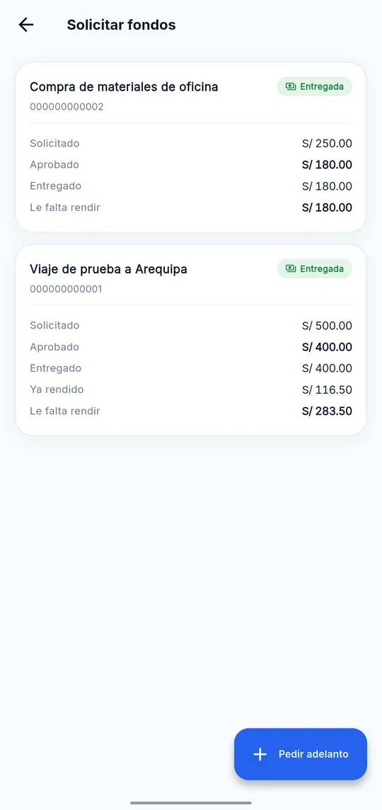 Solicitud de fondos: Pedido, aprobado, entregado y lo que falta rendir