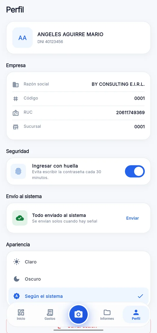 Perfil: Empresa activa, huella y tema de la app